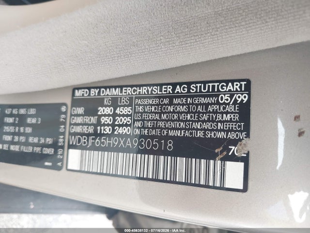 45638132 :رقم المزاد ، WDBJF65H9XA930518 vin ، 1999 Mercedes-benz E 320 مزاد بيع