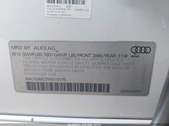 Aukcja sprzedaży 2015 Audi A8 L 3.0t, vin: WAU3GAFD7FN019775, numer aukcji: 45638151