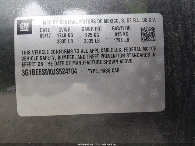 Aukcja sprzedaży 2018 Chevrolet Cruze Lt Auto, vin: 3G1BE6SM0JS524104, numer aukcji: 45638162