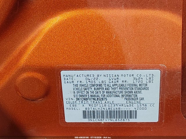 Продажа на аукционе авто 2022 Nissan Versa 1.6 Sr Xtronic Cvt, vin: 3N1CN8FV7NL852875, номер лота: 45638166