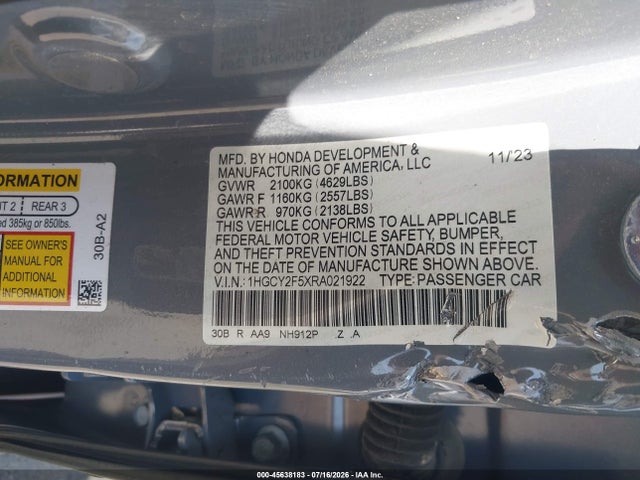 Aukcja sprzedaży 2024 Honda Accord Hybrid Sport, vin: 1HGCY2F5XRA021922, numer aukcji: 45638183