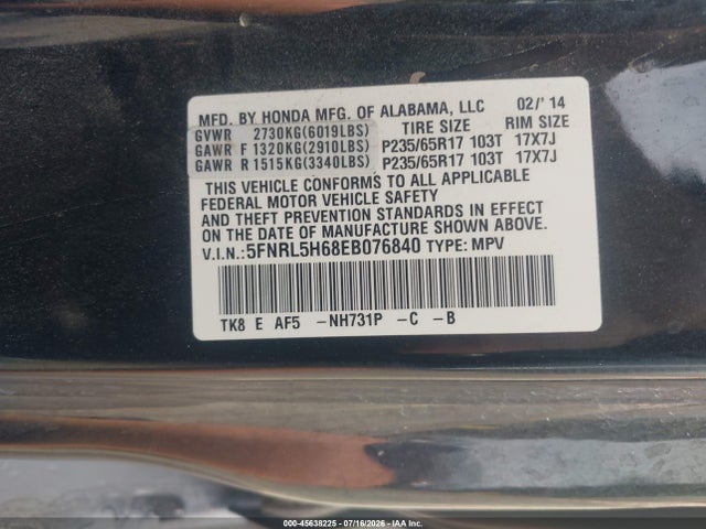 Honda Odyssey Ex-l 2014 5FNRL5H68EB076840 Image 9