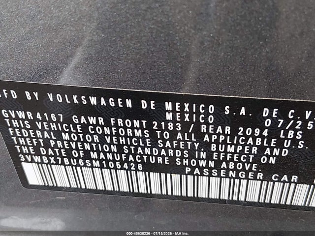 2025 Volkswagen Jetta 1.5t Sport მანქანა იყიდება აუქციონზე, vin: 3VWBX7BU6SM105426, აუქციონის ნომერი: 45638236