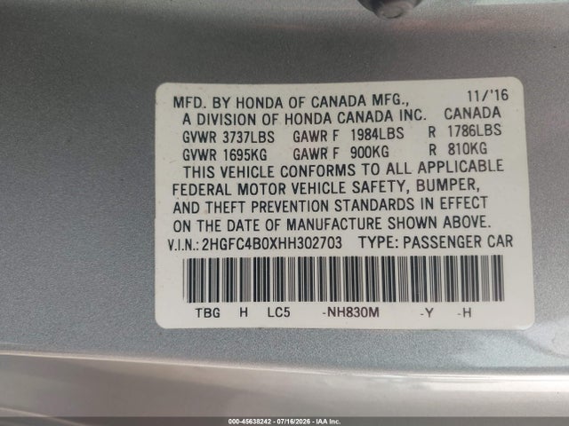 2HGFC4B0XHH302703 Honda Civic Lx-p