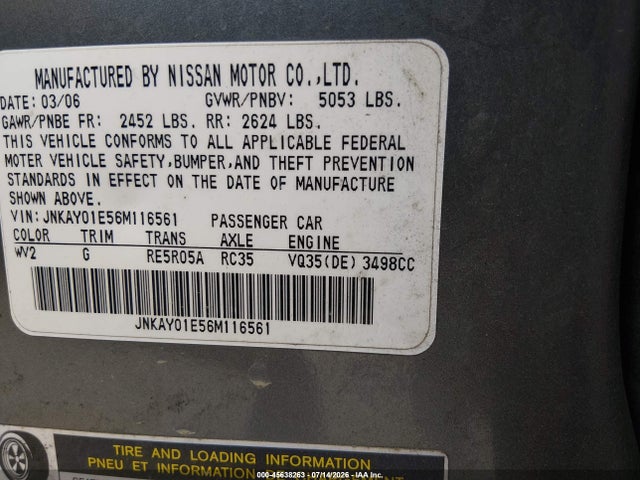 Aukcja sprzedaży 2006 Infiniti M35, vin: JNKAY01E56M116561, numer aukcji: 45638263