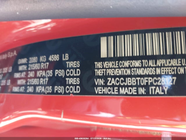 Продаж на аукціоні авто 2015 Jeep Renegade Latitude, vin: ZACCJBBT0FPC28127, номер лоту: 45638264