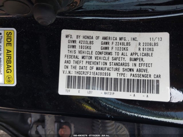 45638276 :رقم المزاد ، 1HGCR2F31EA090956 vin ، 2014 Honda Accord Lx مزاد بيع