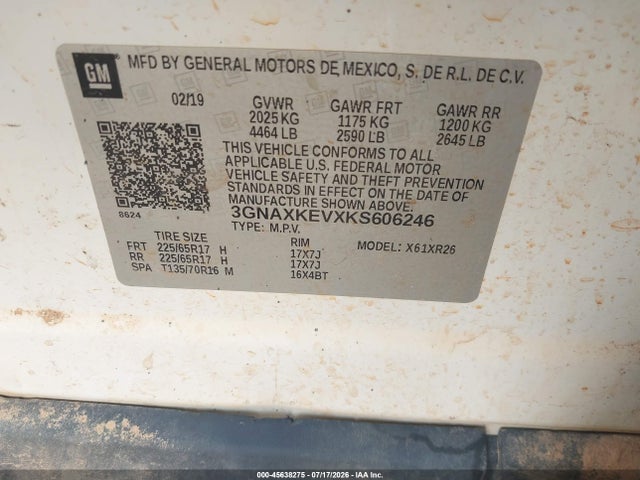 Aukcja sprzedaży 2019 Chevrolet Equinox Lt, vin: 3GNAXKEVXKS606246, numer aukcji: 45638275