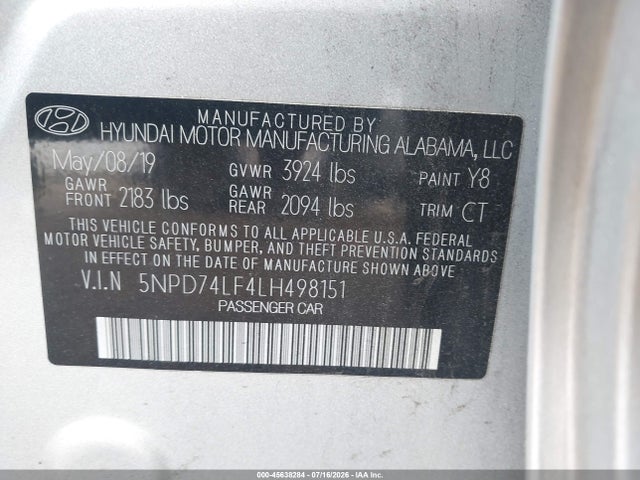 2020 Hyundai Elantra Se მანქანა იყიდება აუქციონზე, vin: 5NPD74LF4LH498151, აუქციონის ნომერი: 45638284