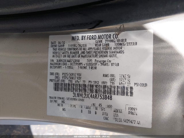 Aukcja sprzedaży 2010 Lincoln Mkz, vin: 3LNHL2JC4AR753848, numer aukcji: 45638286