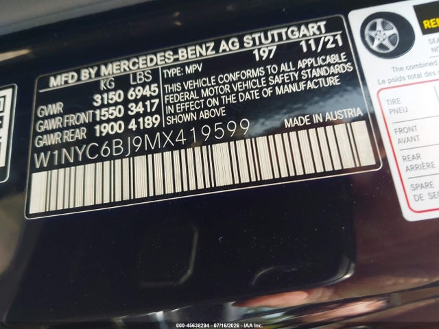 Aukcja sprzedaży 2021 Mercedes-benz G 550 Suv, vin: W1NYC6BJ9MX419599, numer aukcji: 45638294