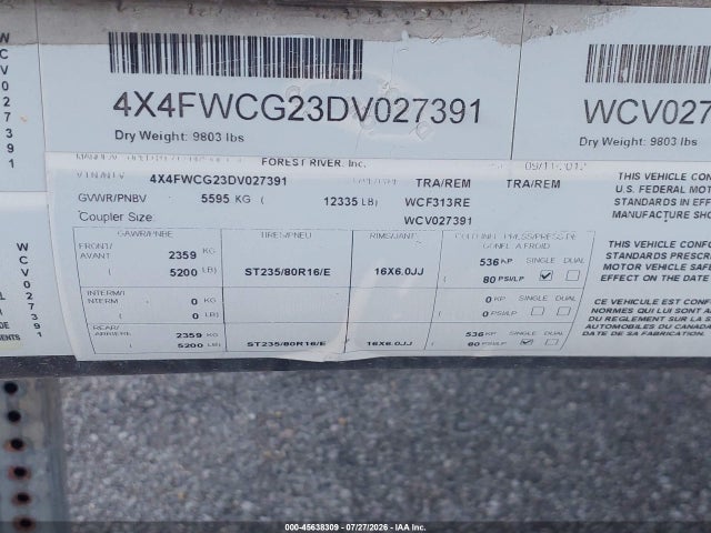 Продажа на аукционе авто 2013 Forest River Other, vin: 4X4FWCG23DV027391, номер лота: 45638309