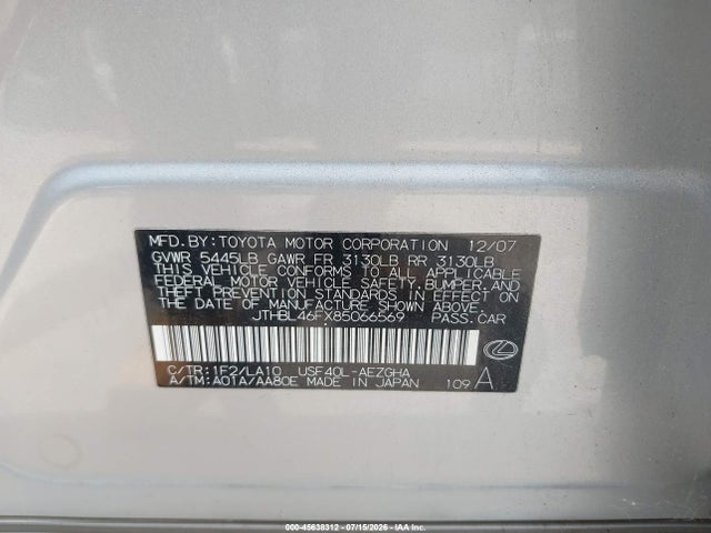 45638312 :رقم المزاد ، JTHBL46FX85066569 vin ، 2008 Lexus Ls 460 مزاد بيع