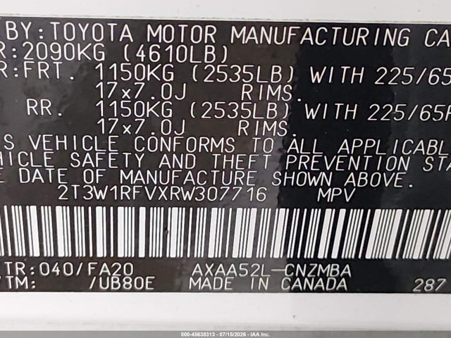 Auction sale of the 2024 Toyota Rav4 Xle, vin: 2T3W1RFVXRW307716, lot number: 45638313
