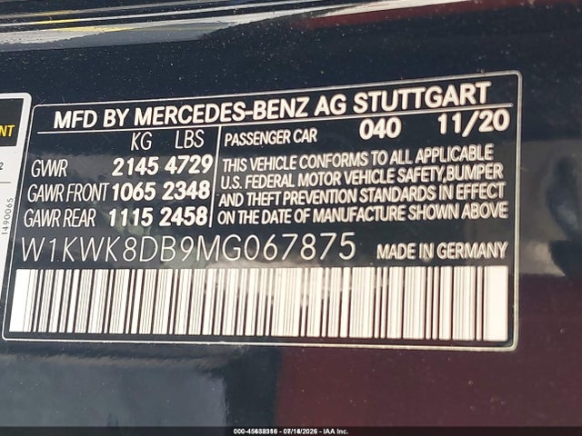 Продаж на аукціоні авто 2021 Mercedes-benz C 300 Cabriolet, vin: W1KWK8DB9MG067875, номер лоту: 45638316