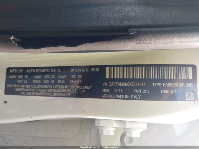 Aukcja sprzedaży 2019 Alfa Romeo Giulia Rwd, vin: ZARFAMAN6K7621574, numer aukcji: 45638319