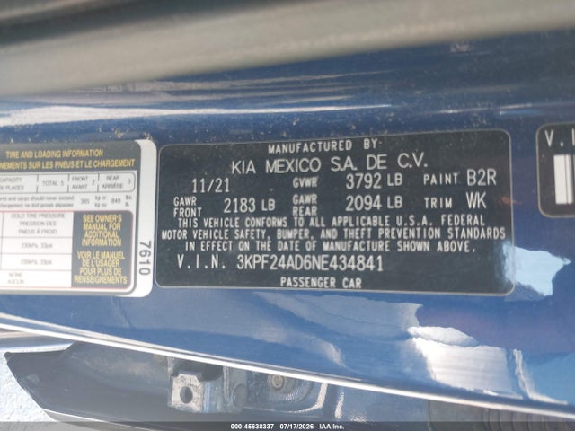 45638337 :رقم المزاد ، 3KPF24AD6NE434841 vin ، 2022 Kia Forte Lxs مزاد بيع