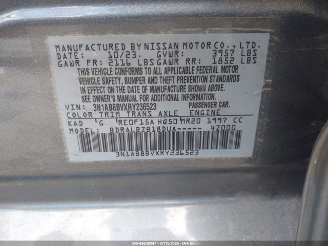 45638347 :رقم المزاد ، 3N1AB8BVXRY236523 vin ، 2024 Nissan Sentra S Xtronic Cvt مزاد بيع
