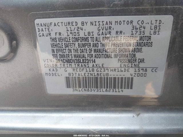 Продаж на аукціоні авто 2025 Nissan Versa 1.6 S, vin: 3N1CN8DV3SL823114, номер лоту: 45638352