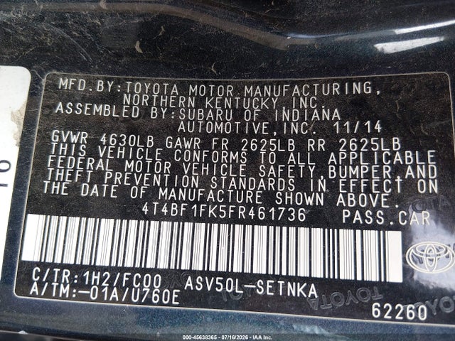 2015 Toyota Camry Le მანქანა იყიდება აუქციონზე, vin: 4T4BF1FK5FR461736, აუქციონის ნომერი: 45638365