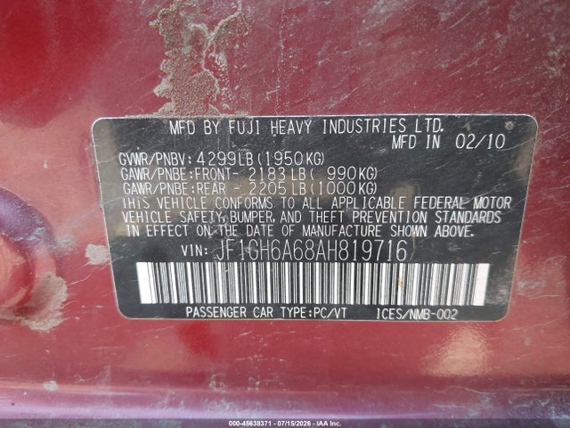 45638371 :رقم المزاد ، JF1GH6A68AH819716 vin ، 2010 Subaru Impreza 2.5i مزاد بيع