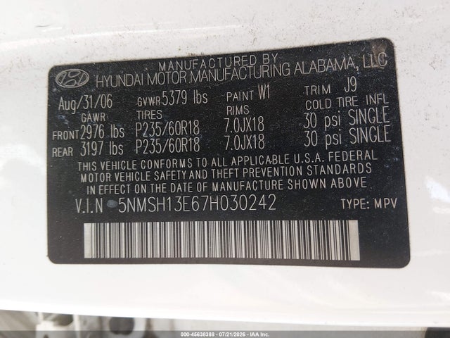 Aukcja sprzedaży 2007 Hyundai Santa Fe Limited/se, vin: 5NMSH13E67H030242, numer aukcji: 45638388