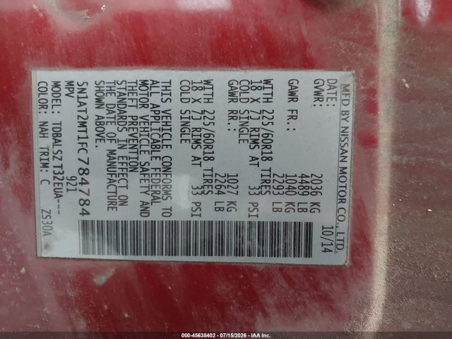 Продаж на аукціоні авто 2015 Nissan Rogue Sl, vin: 5N1AT2MT1FC784784, номер лоту: 45638402