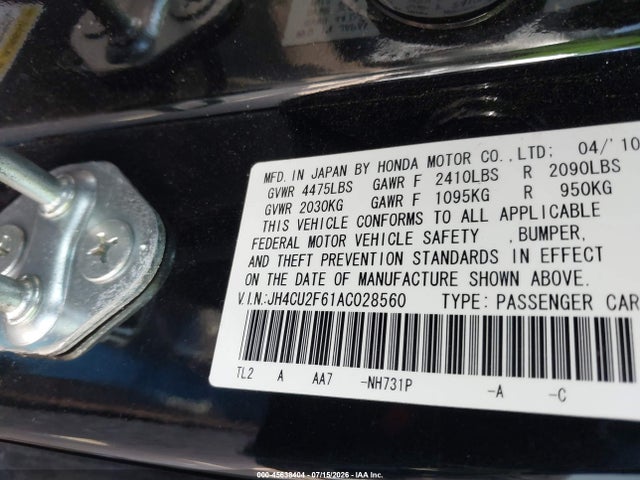 2010 Acura Tsx მანქანა იყიდება აუქციონზე, vin: JH4CU2F61AC028560, აუქციონის ნომერი: 45638404