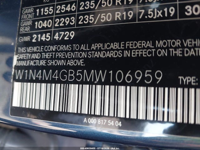45638405 :رقم المزاد ، W1N4M4GB5MW106959 vin ، 2021 Mercedes-benz Glb 250 مزاد بيع