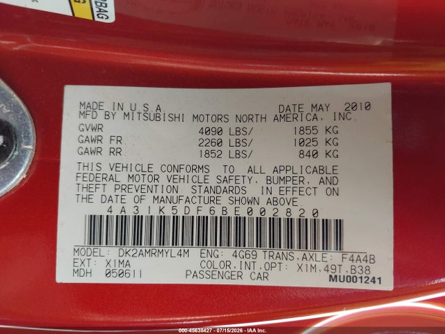 2011 Mitsubishi Eclipse Gs/gs Sport მანქანა იყიდება აუქციონზე, vin: 4A31K5DF6BE002820, აუქციონის ნომერი: 45638427