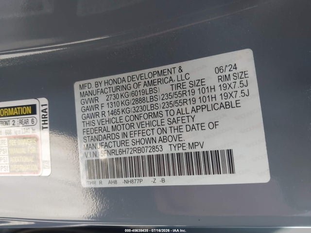 5FNRL6H72RB072853 Honda Odyssey Sport