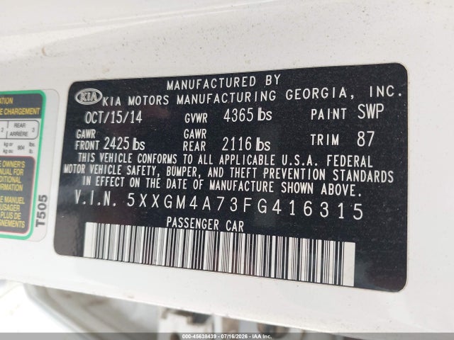 Auction sale of the 2015 Kia Optima Lx, vin: 5XXGM4A73FG416315, lot number: 45638439