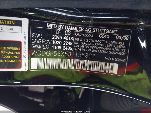 Aukcja sprzedaży 2008 Mercedes-benz C 350 Sport, vin: WDDGF56X58F155821, numer aukcji: 45638452