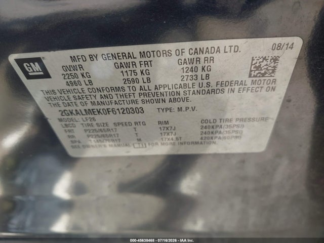 2015 Gmc Terrain Sle მანქანა იყიდება აუქციონზე, vin: 2GKALMEK0F6120303, აუქციონის ნომერი: 45638468