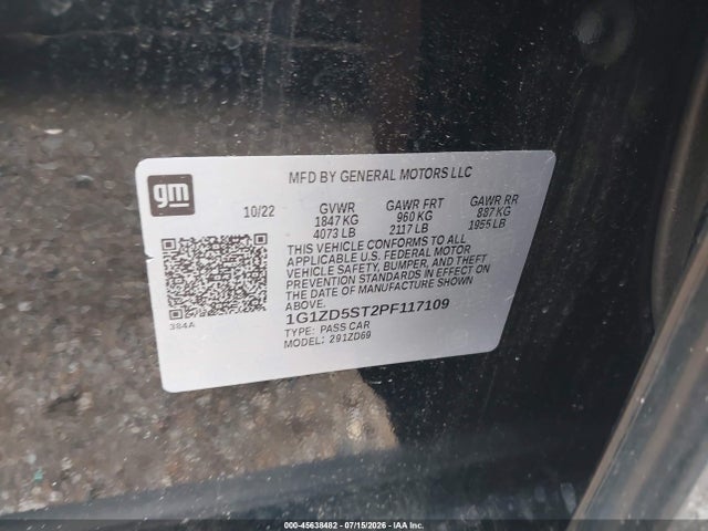 45638482 :رقم المزاد ، 1G1ZD5ST2PF117109 vin ، 2023 Chevrolet Malibu Fwd 1lt مزاد بيع