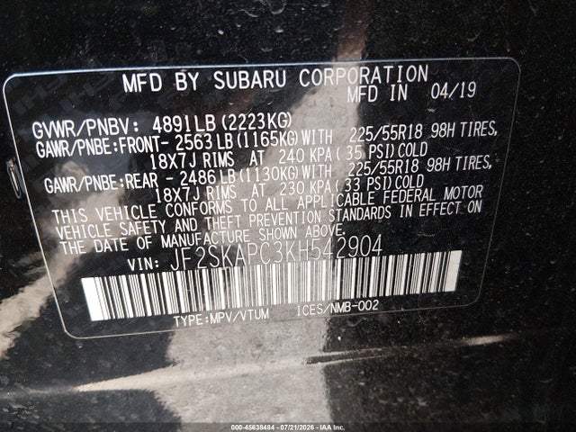 45638484 :رقم المزاد ، JF2SKAPC3KH542904 vin ، 2019 Subaru Forester Sport مزاد بيع