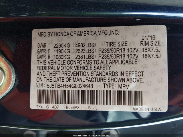 Aukcja sprzedaży 2016 Acura Rdx Technology   Acurawatch Plus Packages/technology Package, vin: 5J8TB4H54GL024648, numer aukcji: 45638487