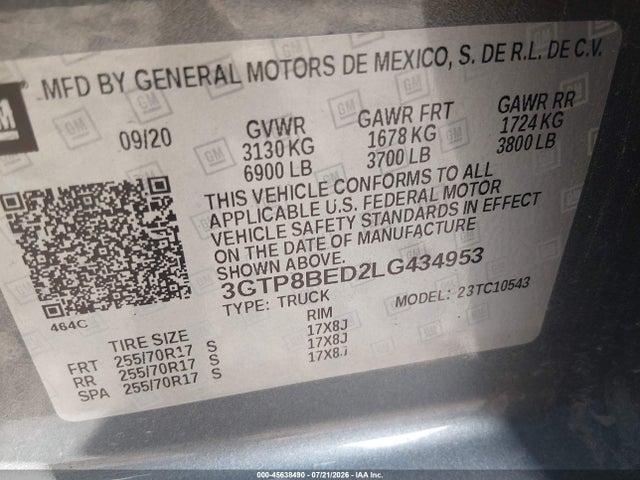 Продажа на аукционе авто 2020 Gmc Sierra 1500 2wd  Short Box Sle, vin: 3GTP8BED2LG434953, номер лота: 45638490