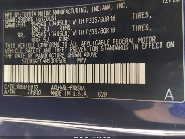 5TDXSKFC4MS006506 Toyota Sienna Xse