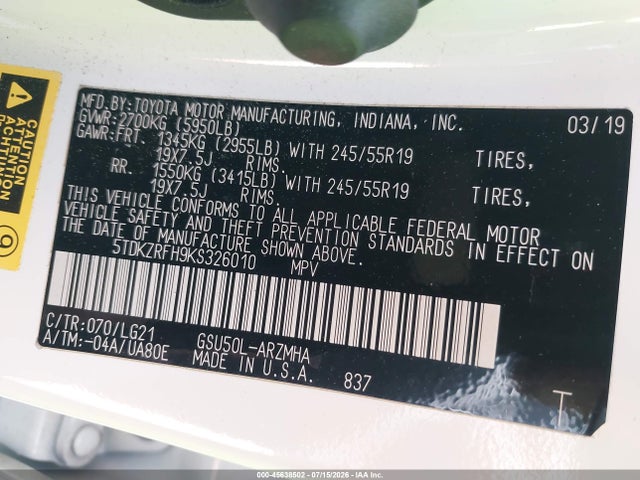 5TDKZRFH9KS326010 Toyota Highlander Se
