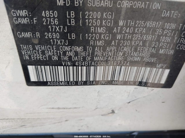 Продажа на аукционе авто 2020 Subaru Outback Premium, vin: 4S4BTACC0L3167274, номер лота: 45638505