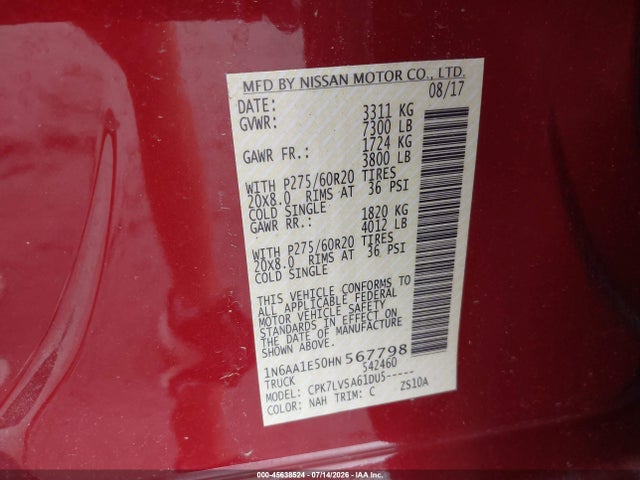 1N6AA1E50HN567798 Nissan Titan Sl