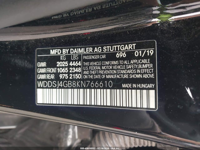 45638552 :رقم المزاد ، WDDSJ4GB8KN766610 vin ، 2019 Mercedes-benz Cla 250 4matic مزاد بيع