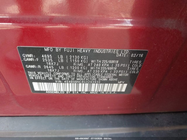 Subaru Outback 2.5i Limited 2016 4S4BSBNC8G3293930 Image 9