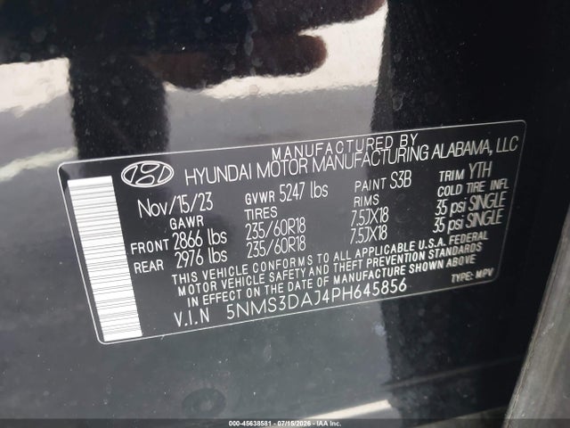 Продажа на аукционе авто 2023 Hyundai Santa Fe Sel, vin: 5NMS3DAJ4PH645856, номер лота: 45638581