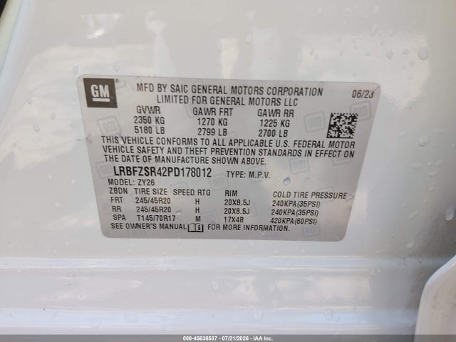 45638587 :رقم المزاد ، LRBFZSR42PD178012 vin ، 2023 Buick Envision Avenir Awd مزاد بيع