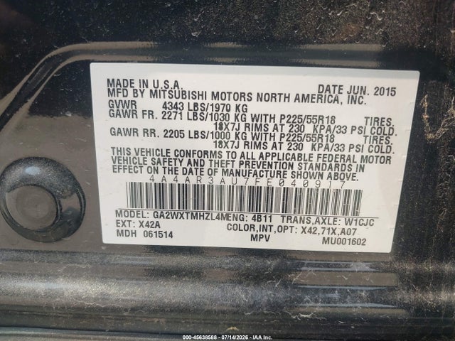 Продажа на аукционе авто 2015 Mitsubishi Outlander Sport Es, vin: 4A4AR3AU7FE040917, номер лота: 45638588