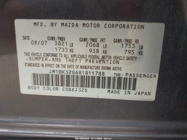 Продаж на аукціоні авто 2008 Mazda Mazda3 I, vin: JM1BK32G681811788, номер лоту: 45638629
