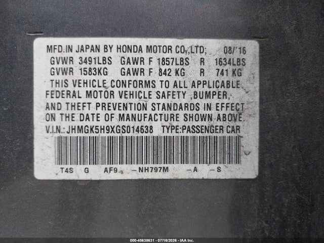 JHMGK5H9XGS014638 Honda Fit Ex-l