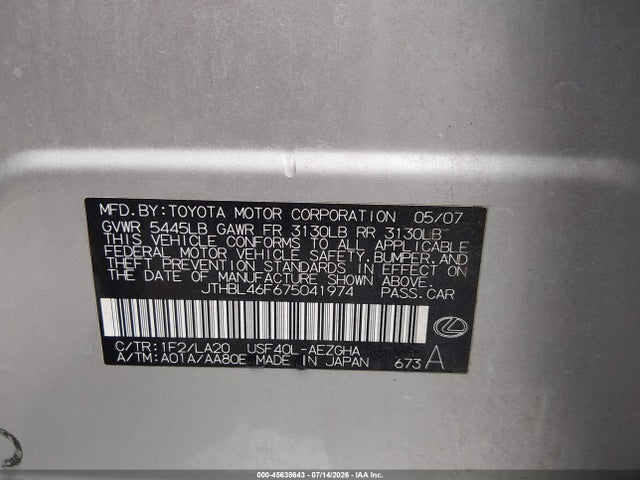 Продаж на аукціоні авто 2007 Lexus Ls 460, vin: JTHBL46F675041974, номер лоту: 45638643